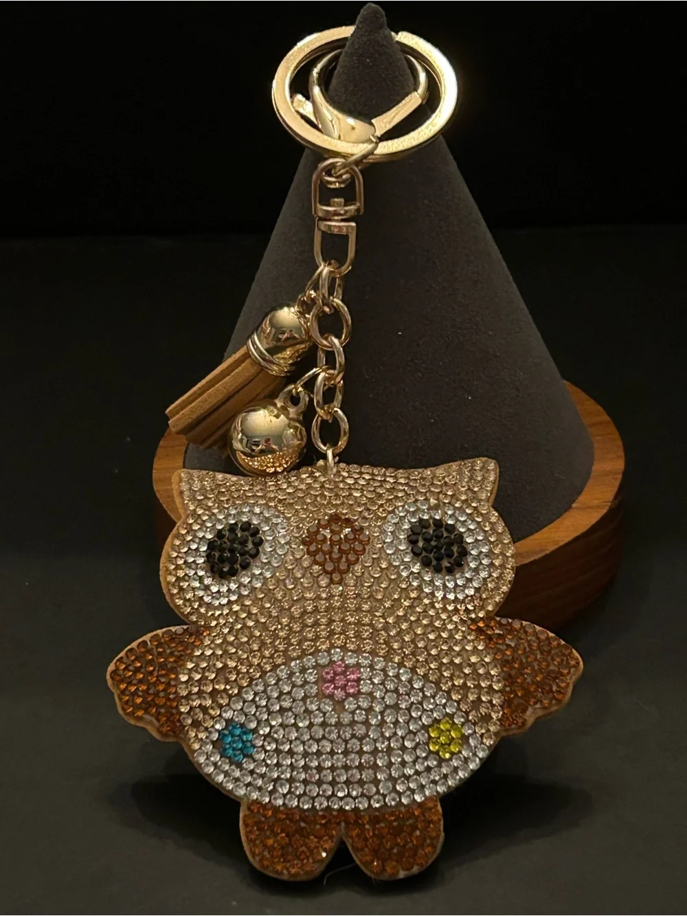 Gold Crystal Owl Bag Charm Keychain Key & Card Holder with Tassel & Clasps